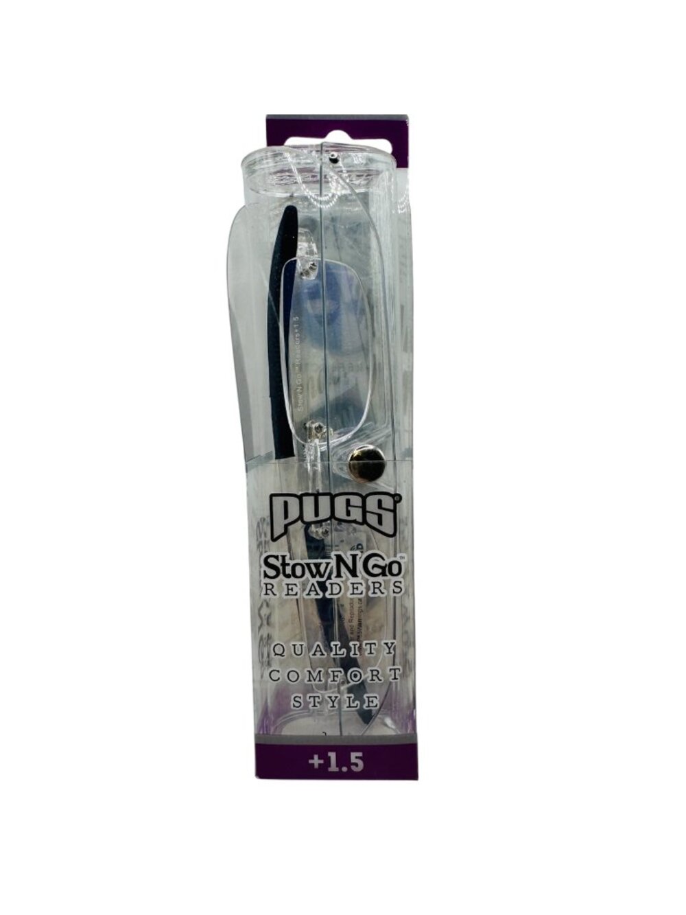 Pugs Stow N Go BLACK Readers +1.5 With Ultra-Lite Rimless Design & Protective Ca